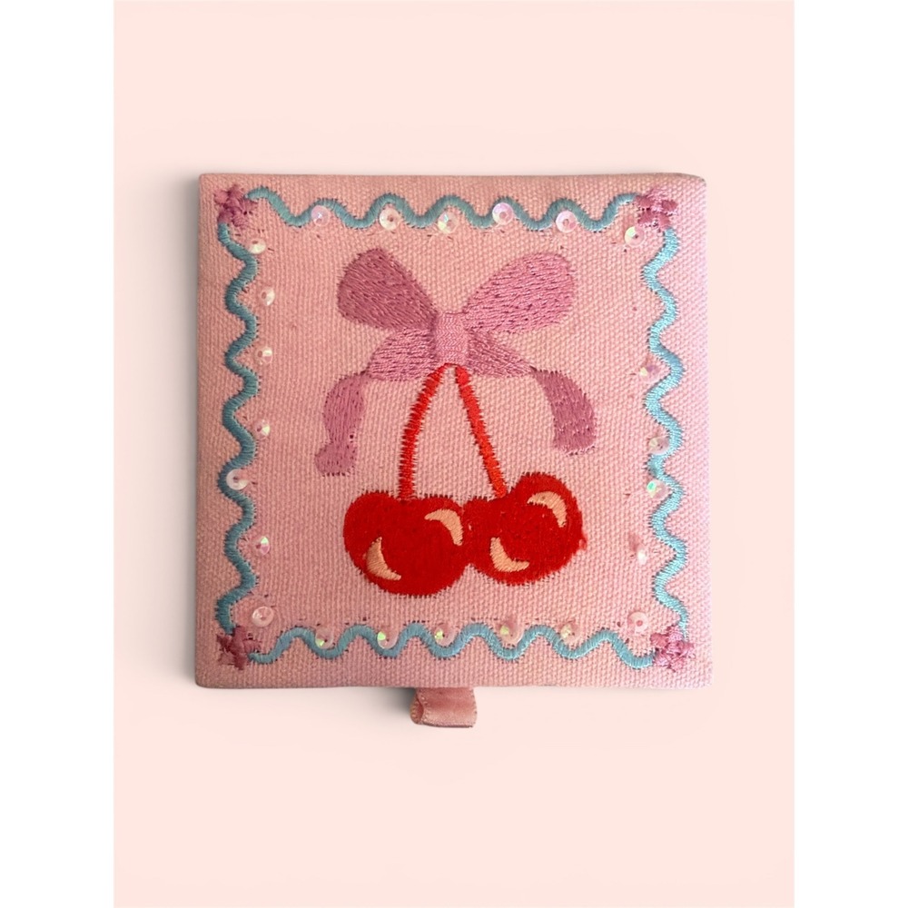 Pink Cherry Embroidered Jewelry Box Coquette Bow Sequin Canvas Trinket Case